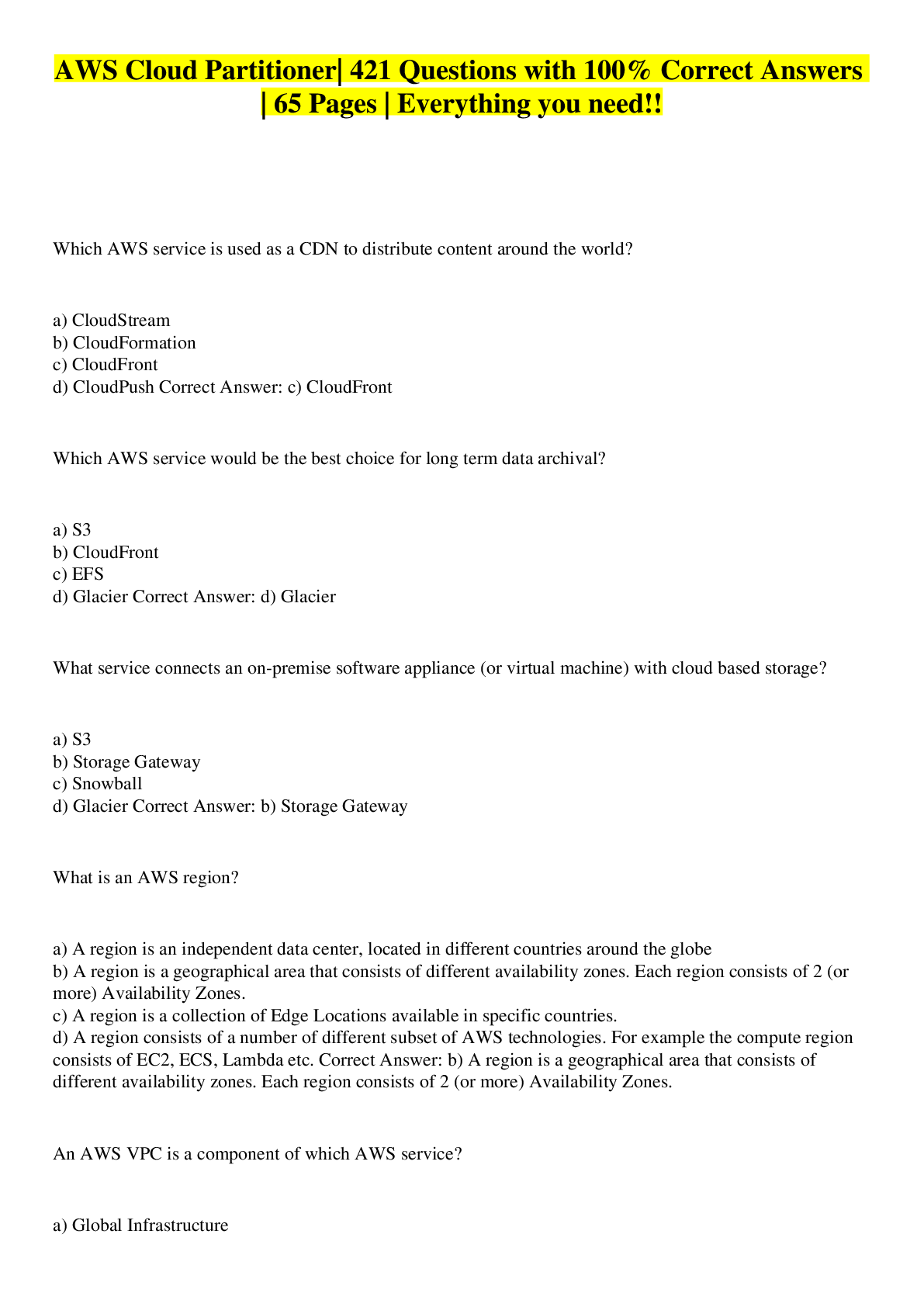 Preview image for AWS Cloud Partitioner| 421 Questions with 100% Correct Answers | 65 Pages | Everything you need!!